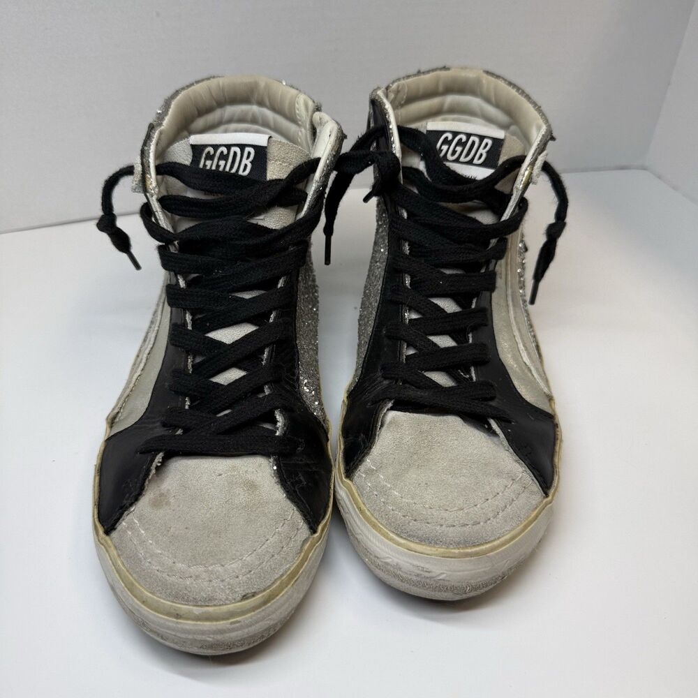 Golden Goose Slide Mid Top Leather Glitter Silver Black Sneakers Sz 8 - Picture 2 of 11